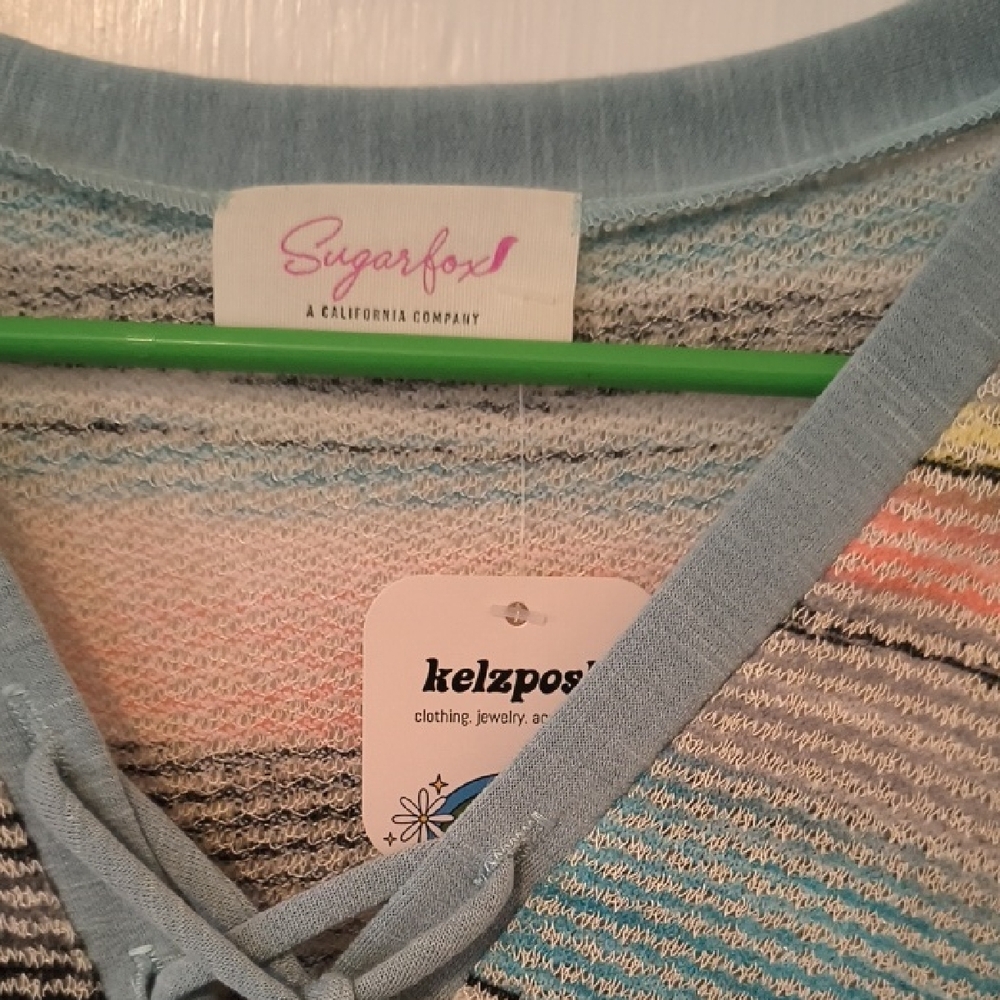 NWT Sugarfox | Casual Blue Top with Multicolor Stripes - Picture 2 of 4